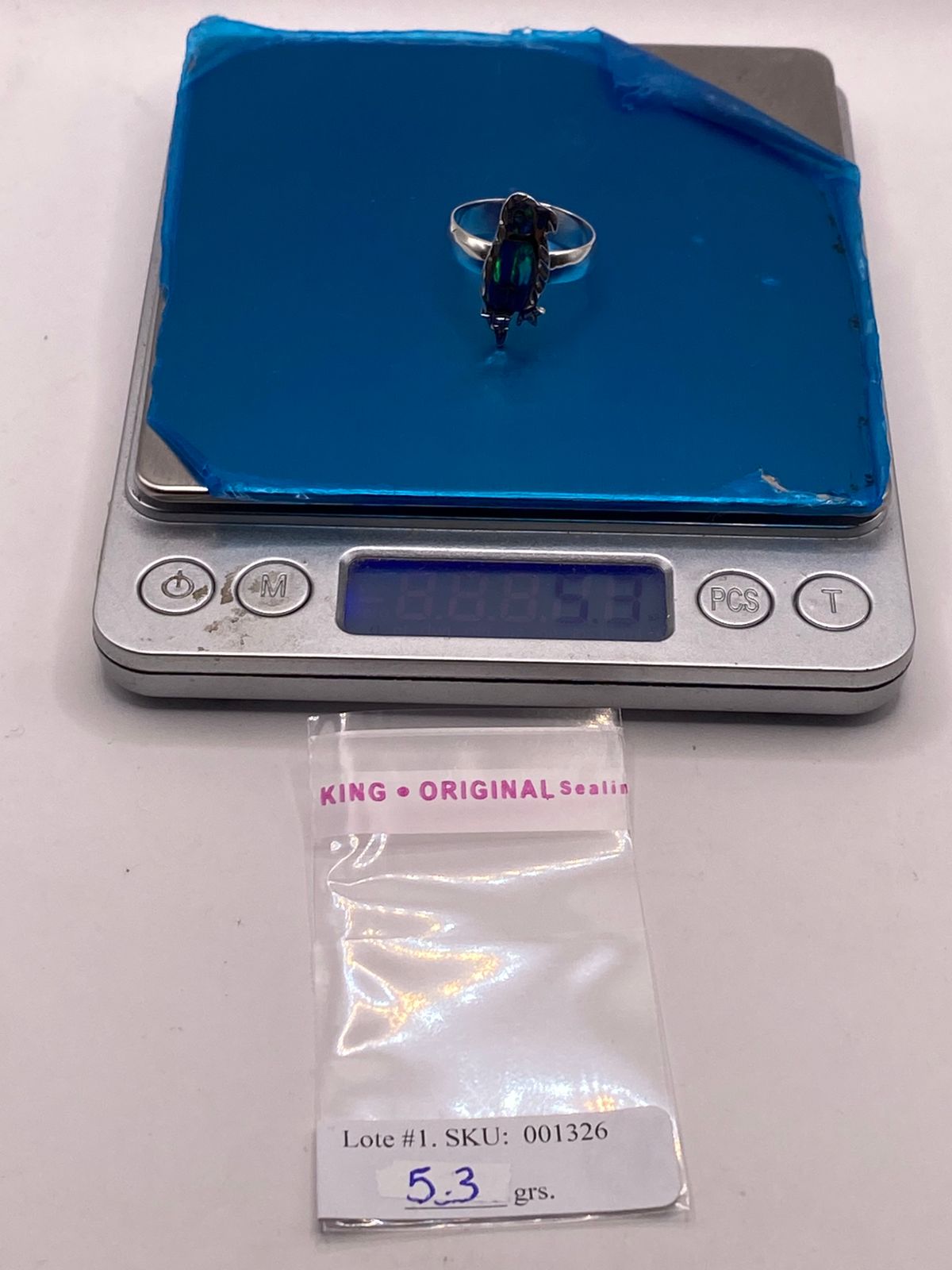 Anillo de Ave de Plata Ley 950 con Ópalo Azul Verde, peso en gramos (báscula)