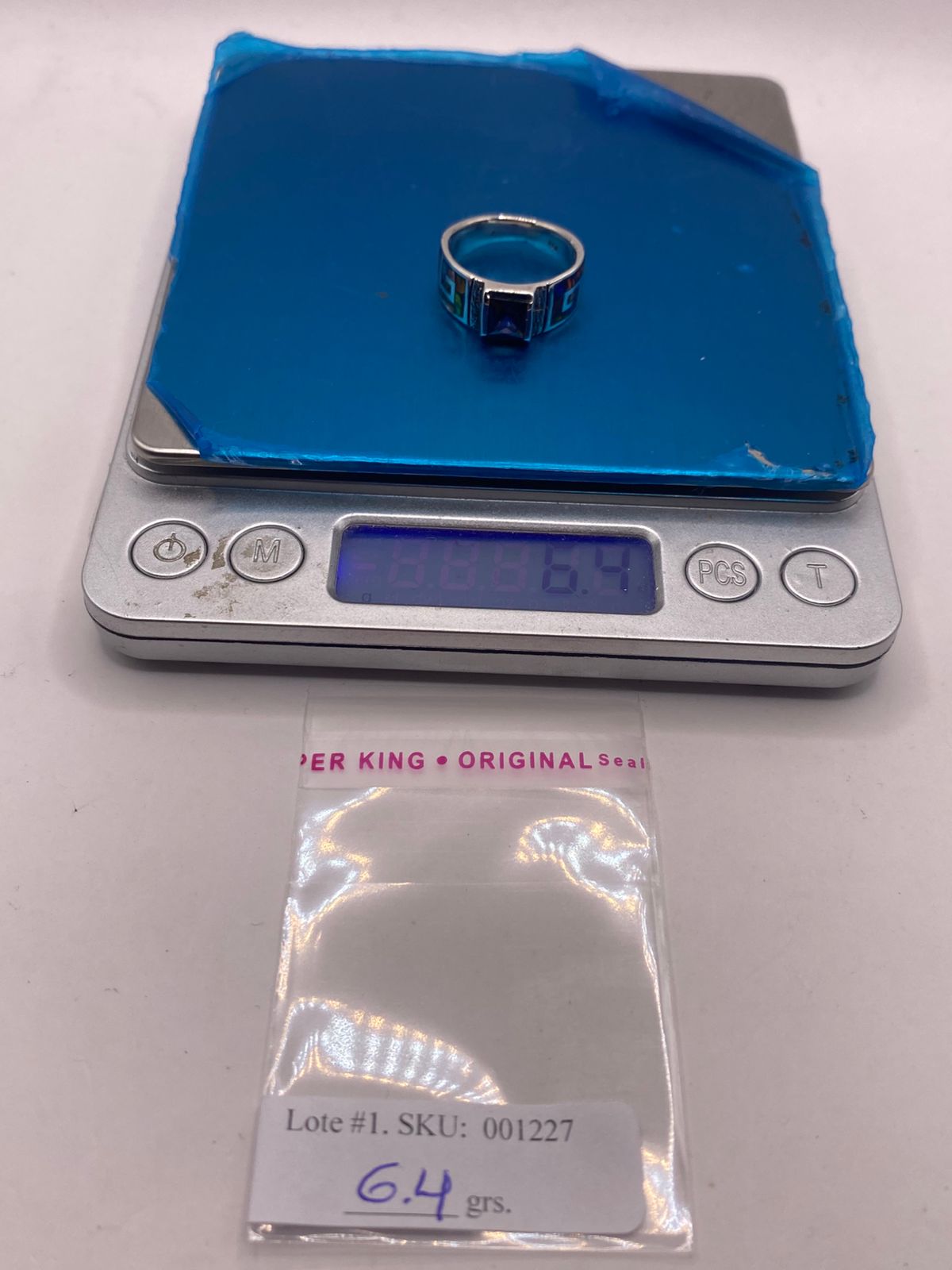 Anillo Greca Ópalo de Fuego Multicolor & Zirconia Amatista Plata 950, peso en gramos (báscula)