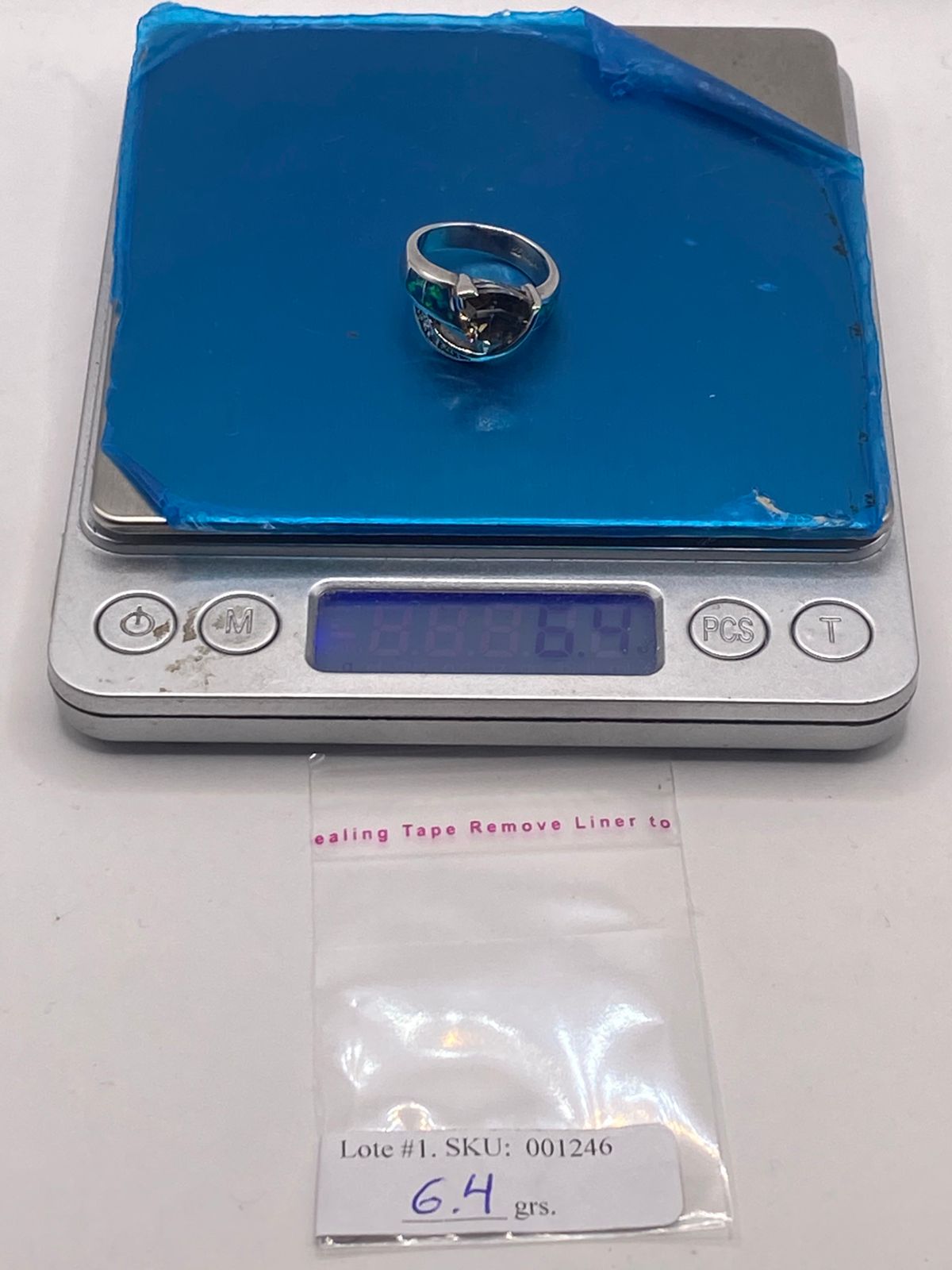 Anillo Moderno Ópalo Azul & Zirconia Trillion Cuarzo Ahumado Plata 925, peso en gramos (báscula)