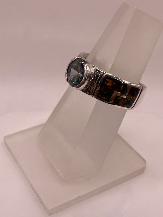 Anillo de Plata .950 con Ópalo de Fuego y Zirconia Multicolor Diseño Greca, vista frontal