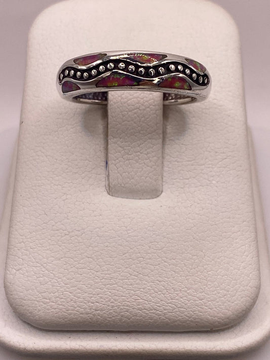 Argolla Ópalo de Fuego Rosa-fucsia Ondas & Puntos Plata 950, vista frontal