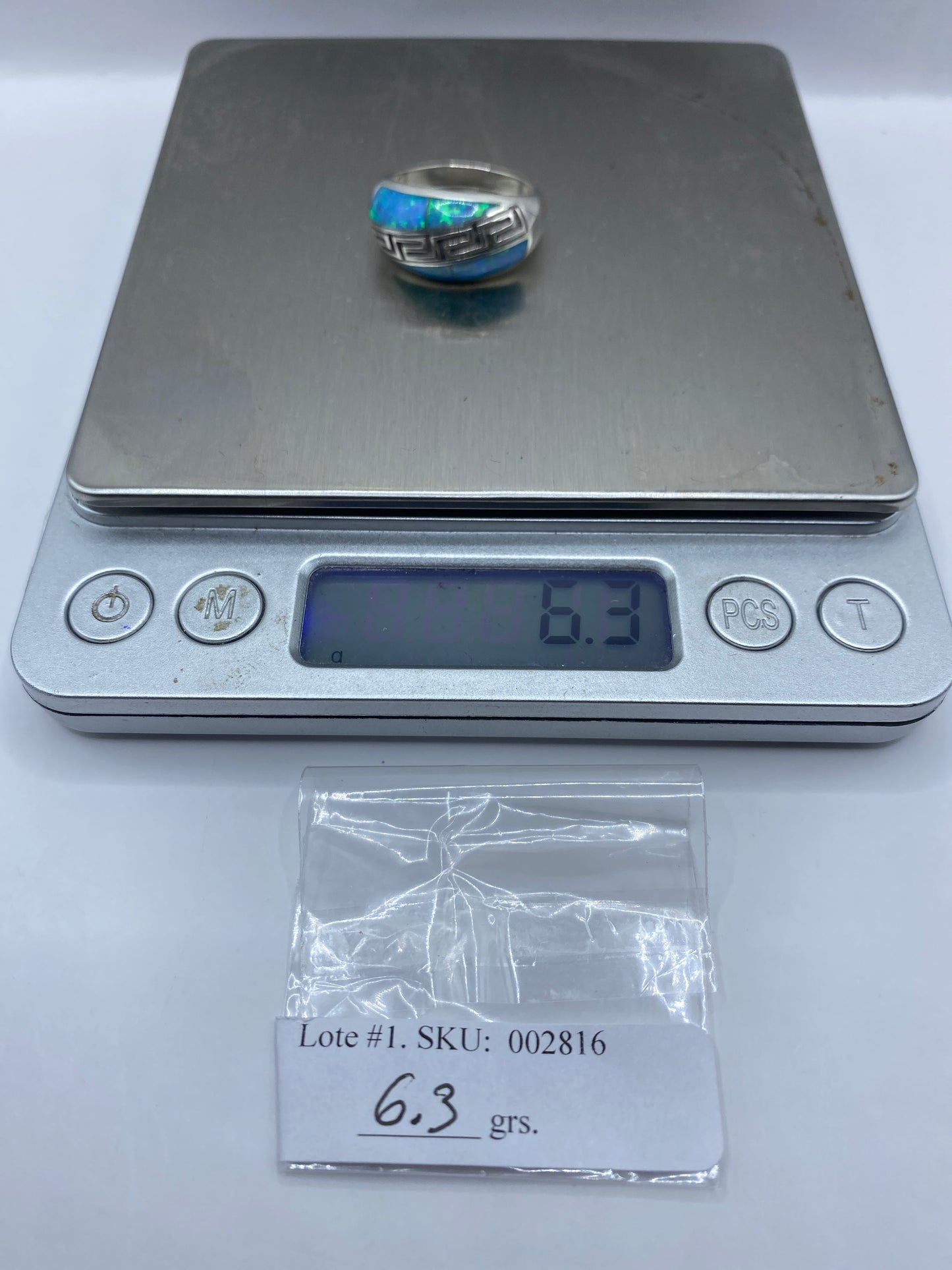 Anillo de Plata Ópalo de Fuego Azul Cielo — Geométrico Prehispánico — foto 6