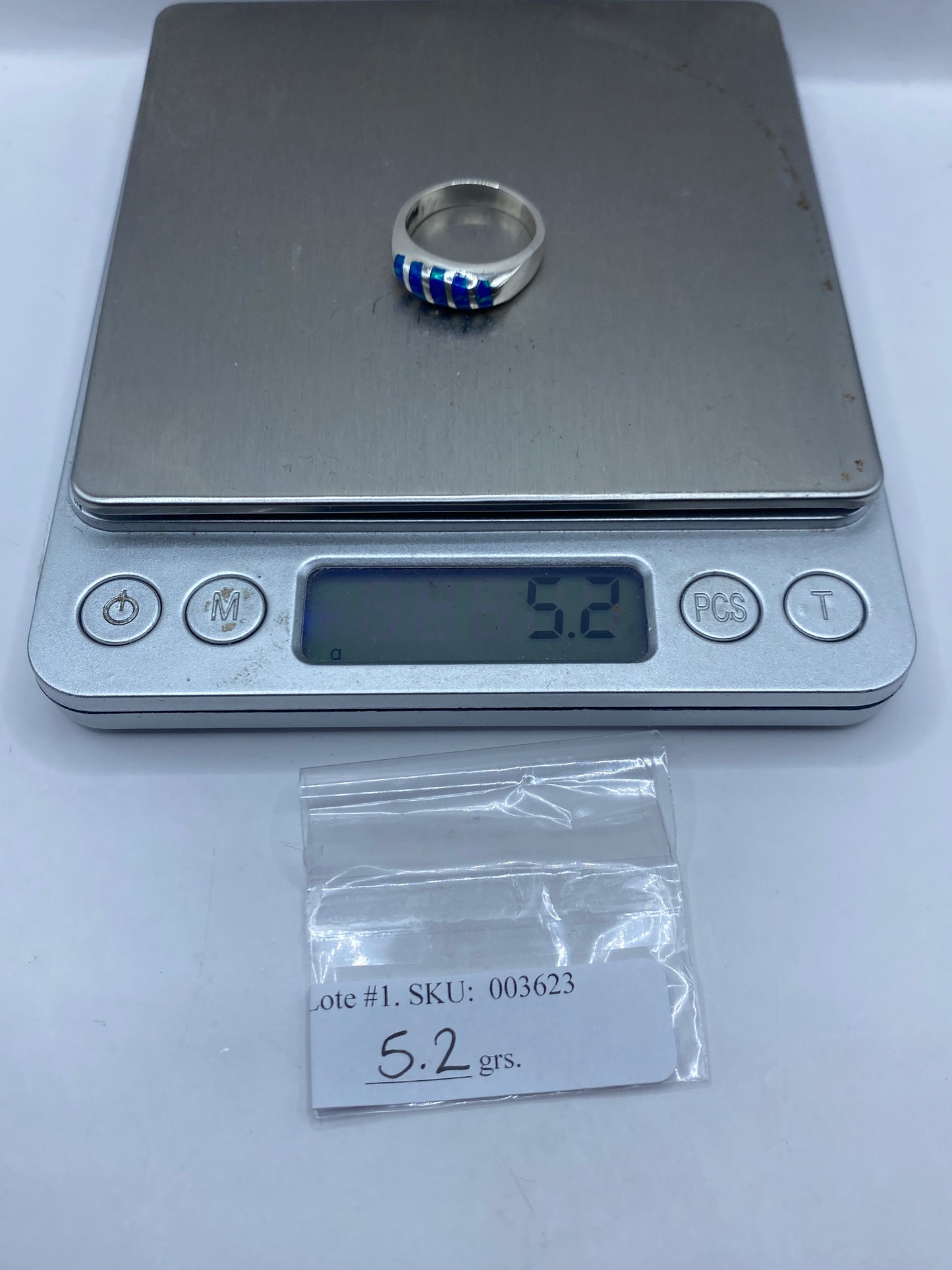 Anillo Plata .950 Ópalo de Fuego Azul — Escalonado Unisex — foto 6