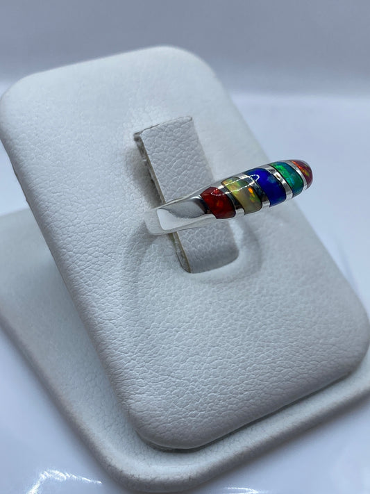 Anillo de Plata Ópalo de Fuego Multicolor — Banda Minimalista — foto 2