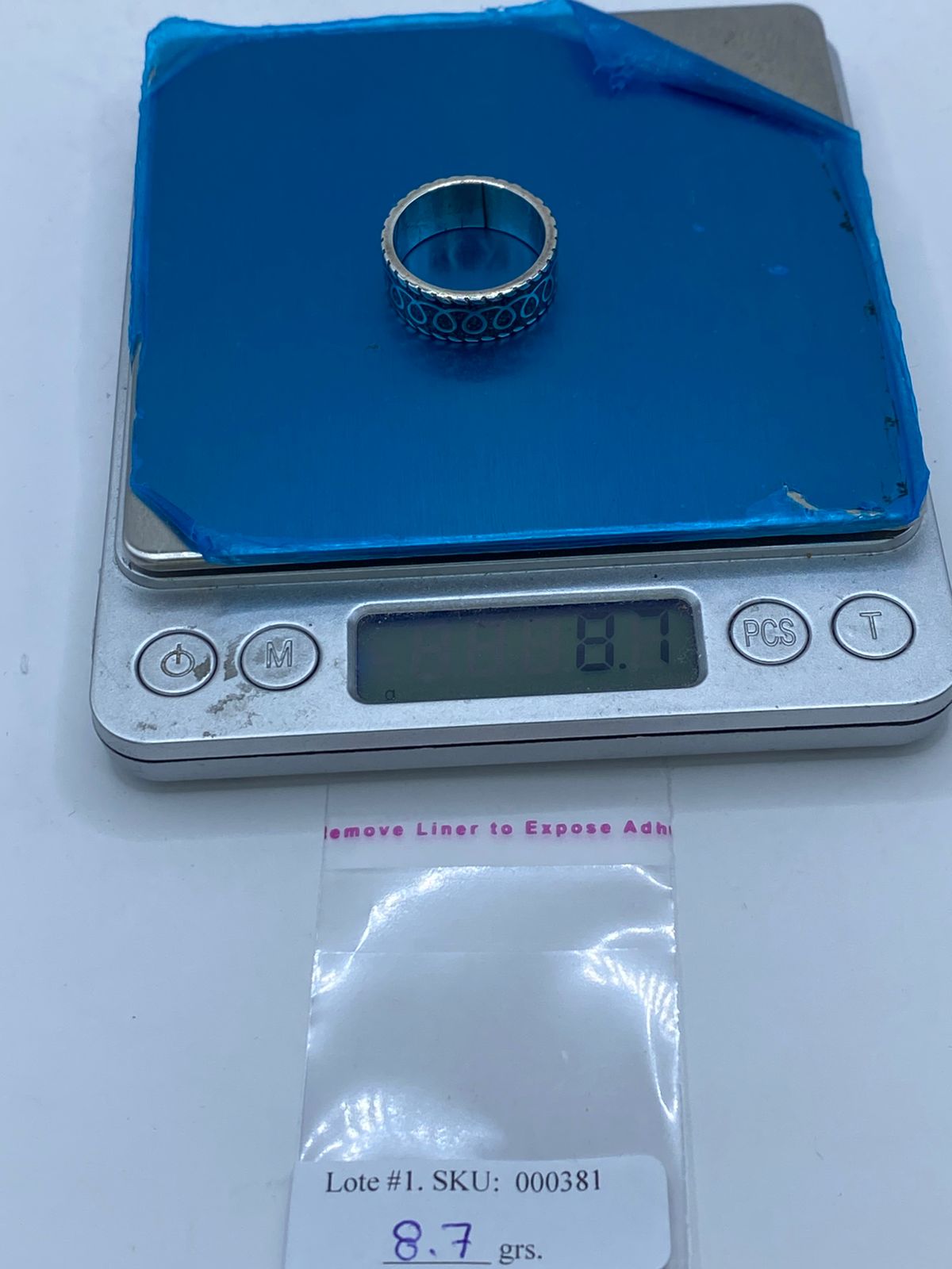 Anillo Banda Azul Trenzada en Plata .925 con Turquesa Natural, peso en gramos (báscula)