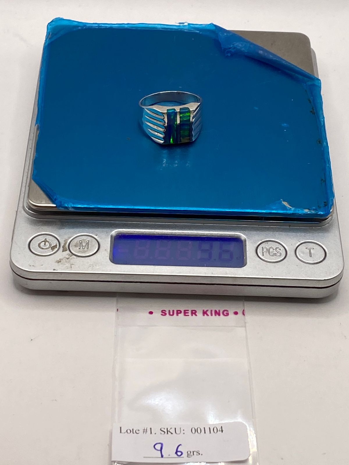 Anillo con Ópalo de Fuego Azul‑verde en Barras en Plata .950, peso en gramos (báscula)