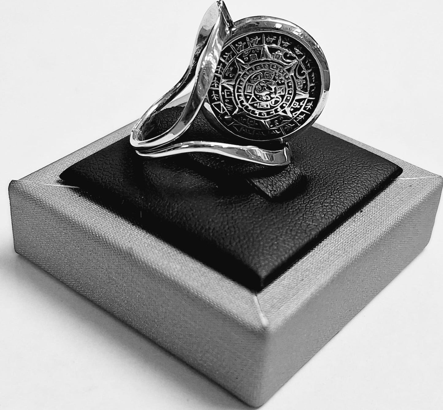 Anillo Doble Vista Calendario Maya y Azteca en Plata 925, sello de autenticidad Plata Ley .925