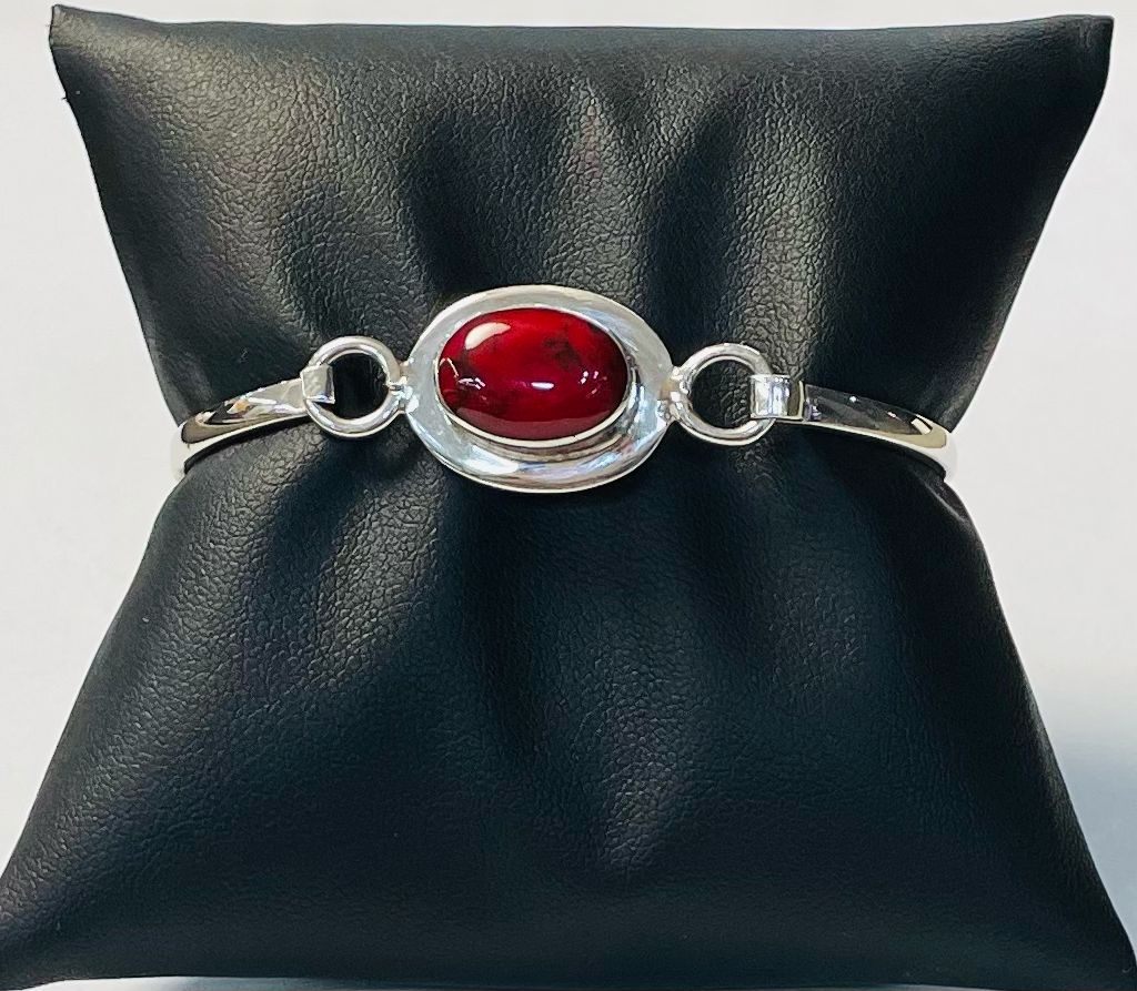 Brazalete con Coral en Plata Ley 925, sello de autenticidad Plata Ley .925