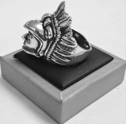 Anillo Guerrero Aguila Calavera en Plata Ley 925, sello de autenticidad Plata Ley .925