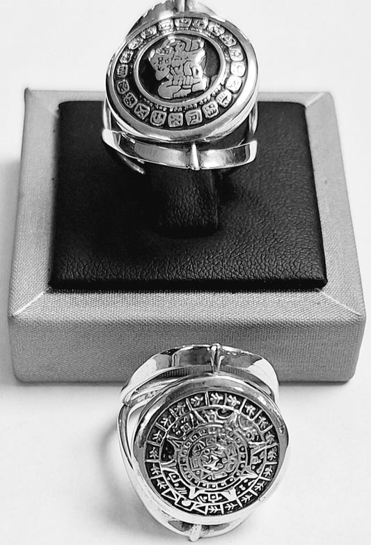 Sello de ley en el interior del anillo doble vista calendario maya y azteca en plata 925