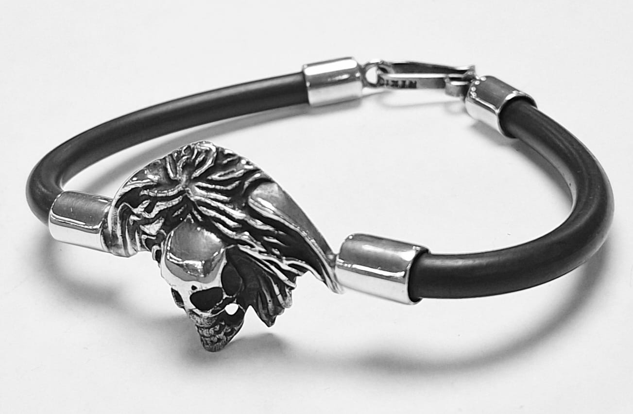 Brazalete en Plata Ley 925 con Caucho, sello de autenticidad Plata Ley .925