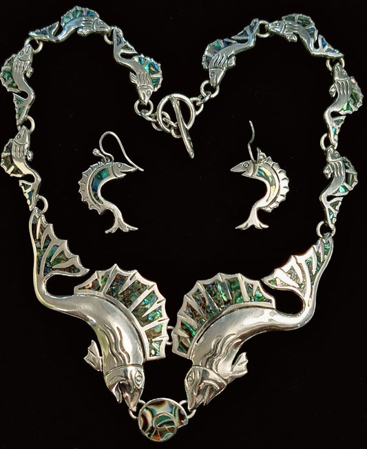 Sello de ley en el interior del set de collar con incrustaciones de abulón en plata ley 925