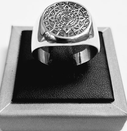 Anillo Calendario Azteca en Plata Ley 925, sello de autenticidad Plata Ley .925