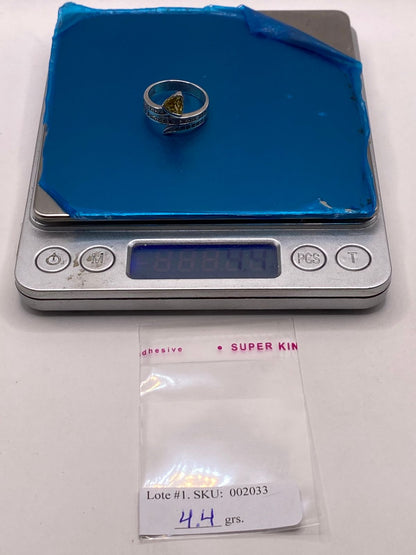Vista lateral de anillo abierto de plata .925 con circonia amarilla — 4.4 g, talla 7, artesanal Taxco