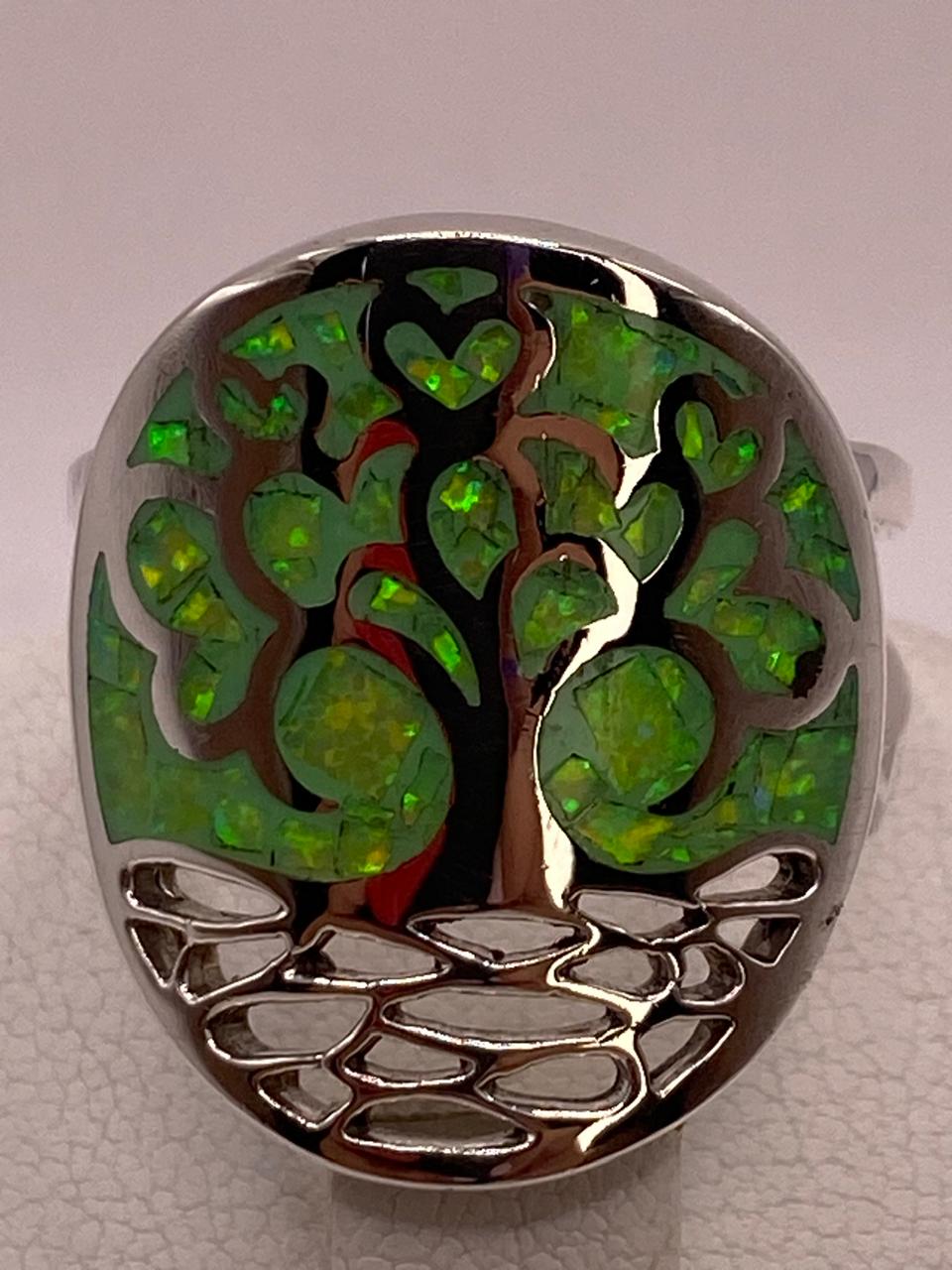 Anillo Árbol de la Vida con Ópalo de Fuego en Plata Ley .950, vista superior