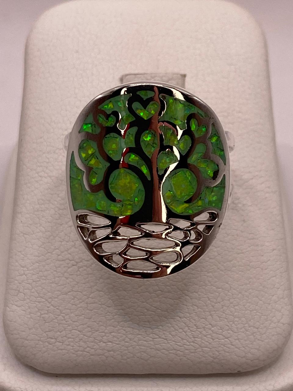 Anillo Árbol de la Vida con Ópalo de Fuego en Plata Ley .950, vista frontal