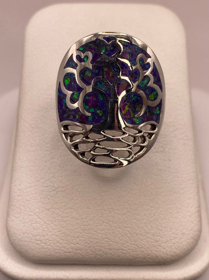 Anillo Árbol de la Vida de Plata Ley 950 con Ópalo de Fuego — ángulo diagonal