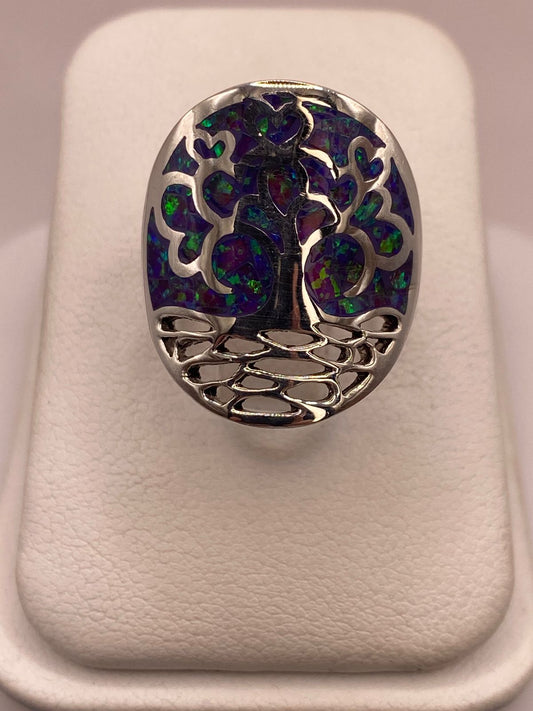 Anillo Árbol de la Vida de Plata Ley 950 con Ópalo de Fuego — ángulo diagonal