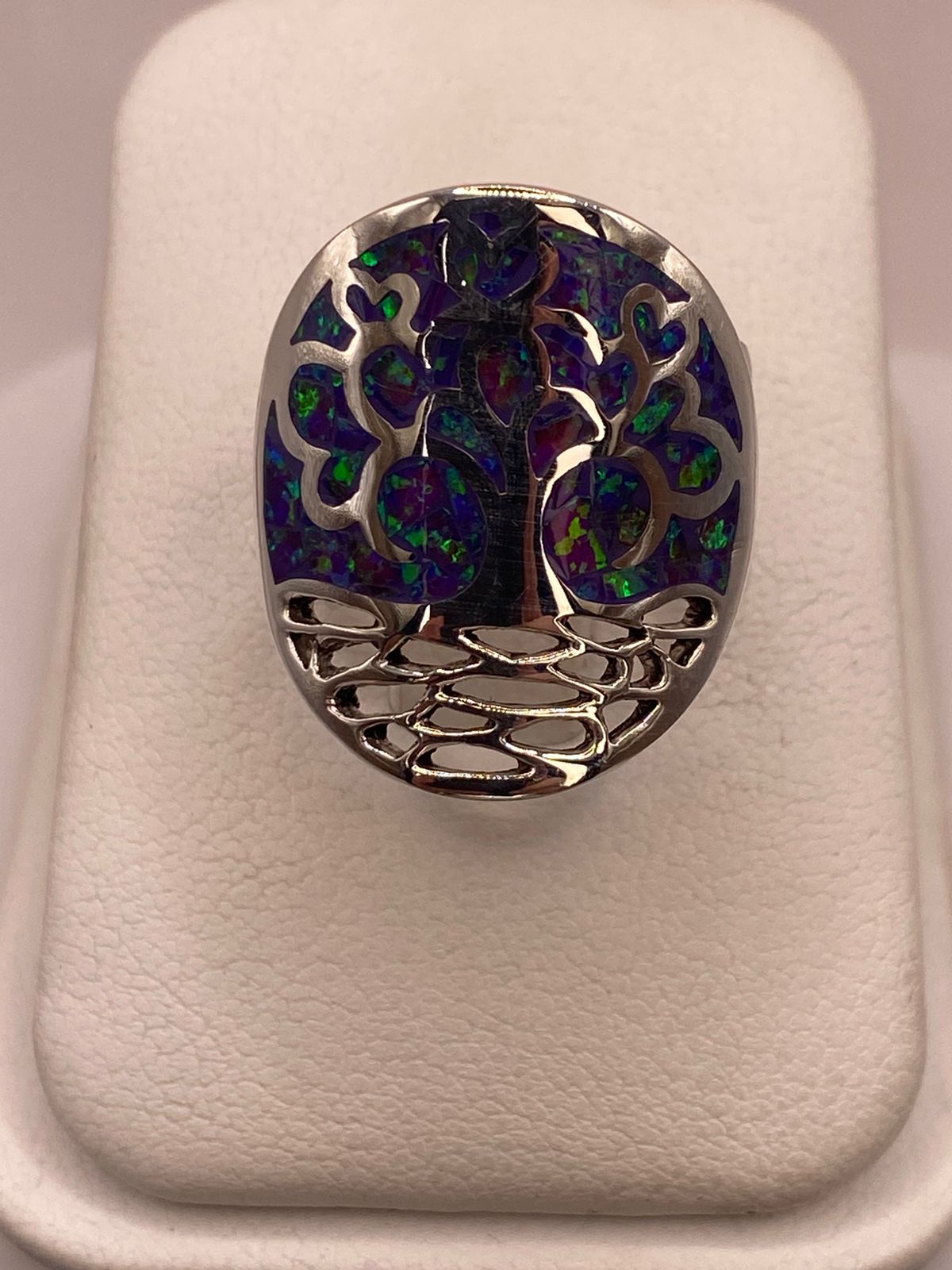 Anillo Árbol de la Vida de Plata Ley 950 con Ópalo de Fuego, vista lateral