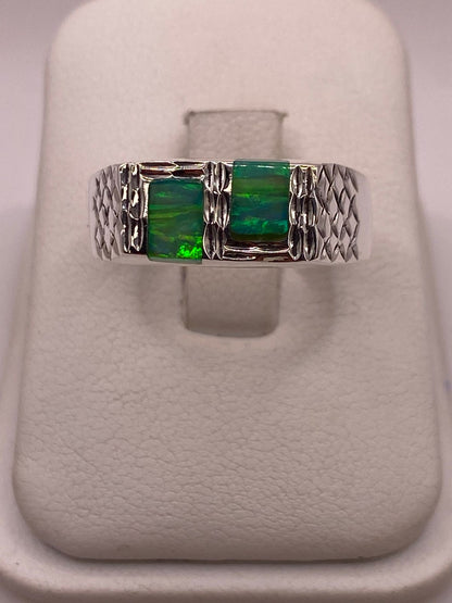 Anillo Artesanal de Ópalo de Fuego Verde Plata Ley 950, vista de detalle