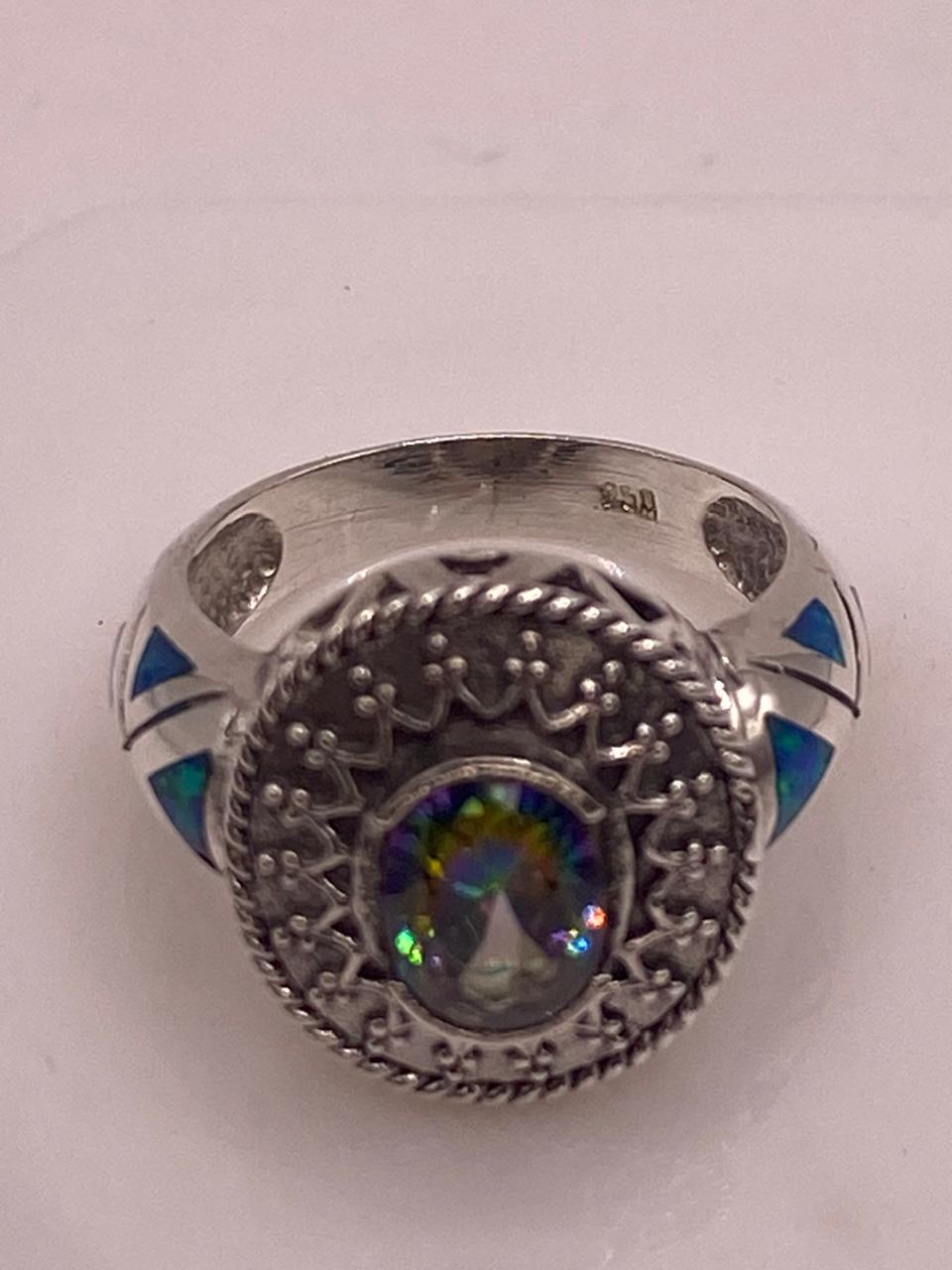 Anillo Artesanal con Ópalo de Fuego, Zirconia y Marquesita en Plata Ley .950, sello de autenticidad Plata Ley .925