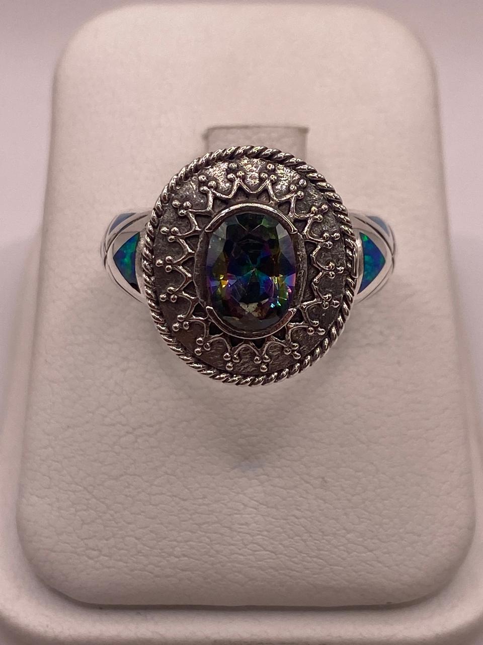 Anillo Artesanal con Ópalo de Fuego, Zirconia y Marquesita en Plata Ley .950, vista frontal