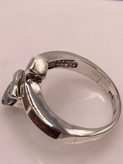 Anillo Artesanal de Plata Ley 950 con Ópalo de Fuego y Zirconia, sello de autenticidad Plata Ley .925
