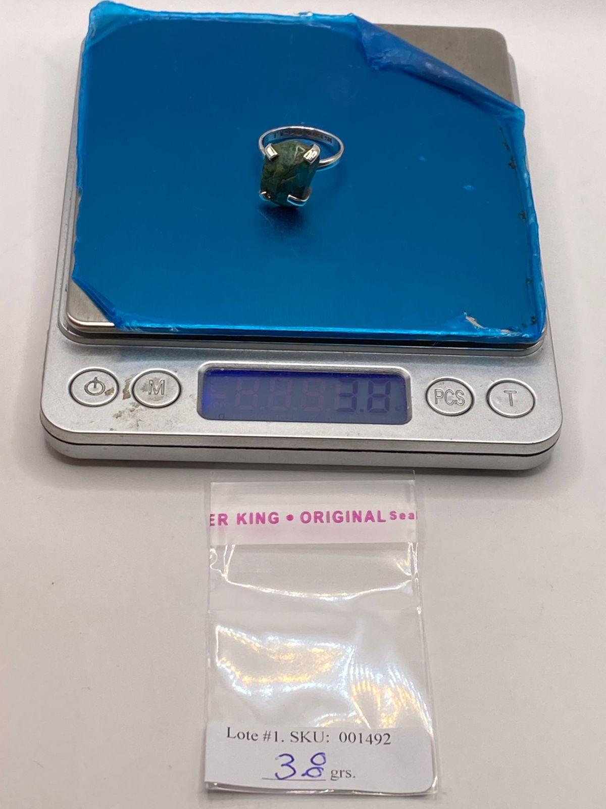 Anillo Artesanal de Plata Ley 925 con Crisocola y Malaquita, peso en gramos (báscula)