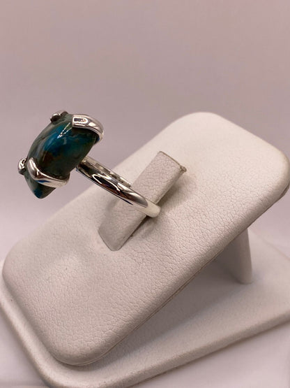 Anillo Artesanal de Plata Ley 925 con Crisocola y Malaquita, vista frontal