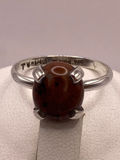 Anillo Artesanal de Plata Ley 925 con Obsidiana Caoba Natural, sello de autenticidad Plata Ley .925