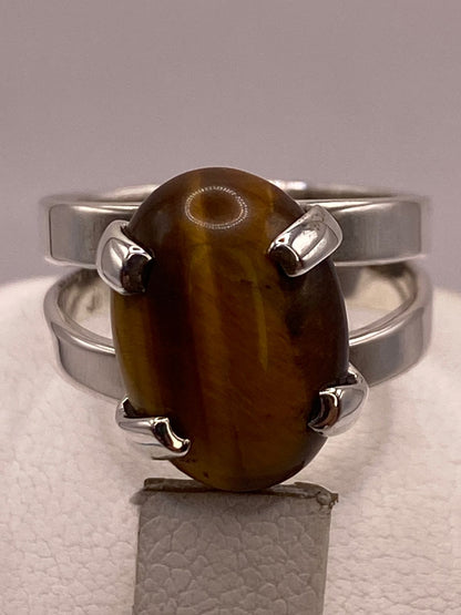 Anillo Artesanal de Plata Ley 925 con Ojo de Tigre Natural, sello de autenticidad Plata Ley .925