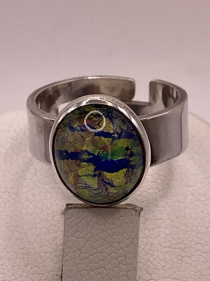 Anillo Artesanal de Plata Ley 925 con Resina Artística Multicolor, sello de autenticidad Plata Ley .925