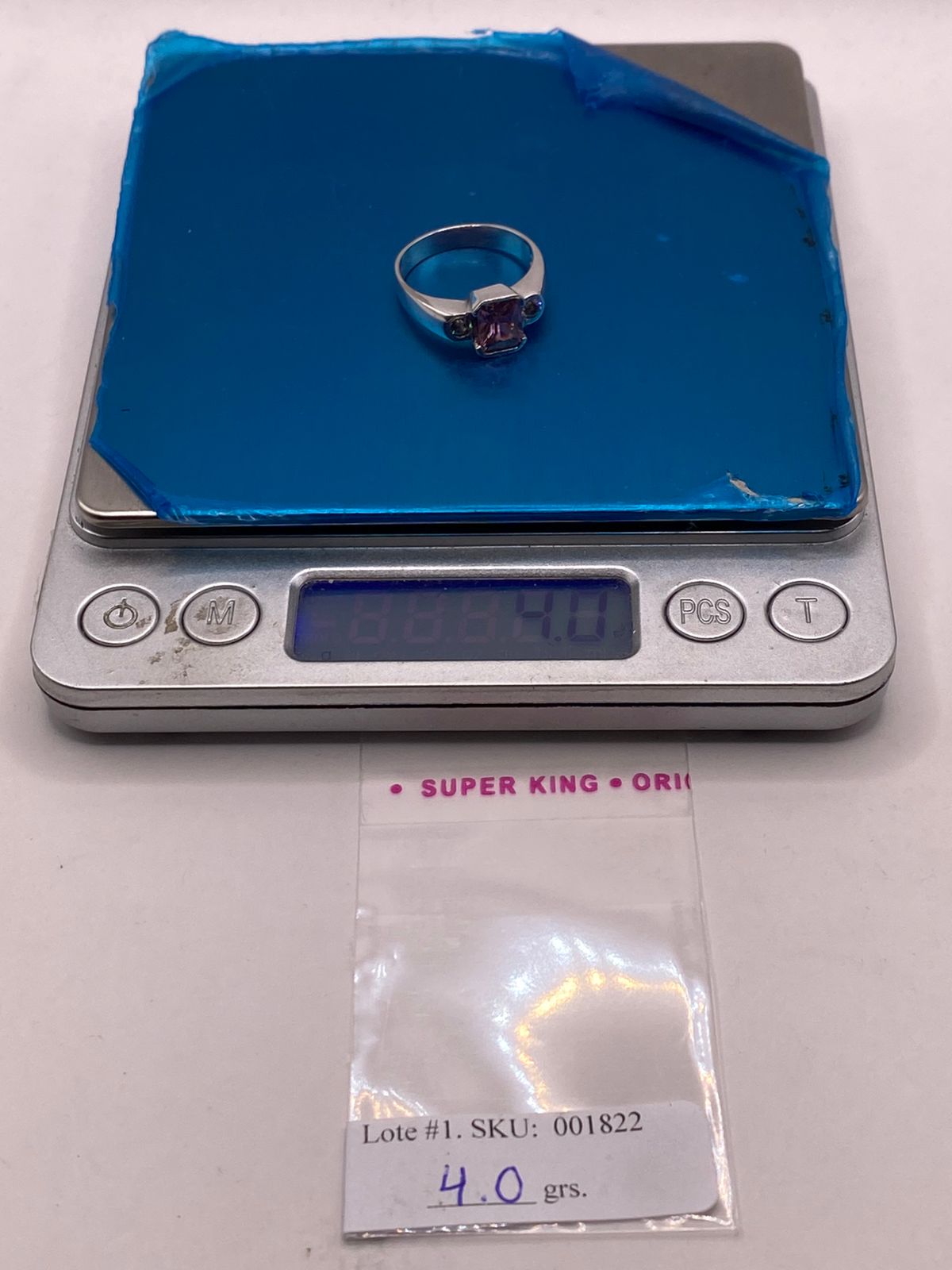 Anillo Artesanal con Zirconia Rosa y Blanca en Plata Ley .925, peso en gramos (báscula)
