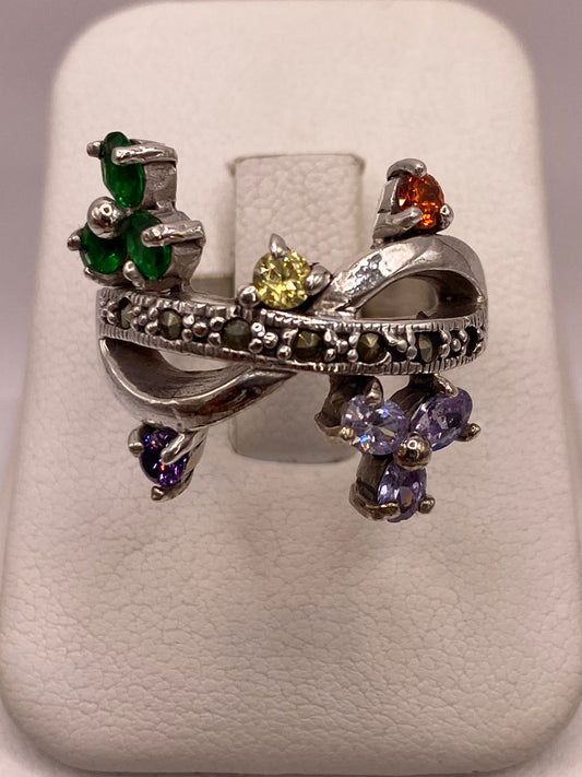Anillo Artístico Multicolor con Marquesitas y Zirconias en Plata Ley 925, vista frontal