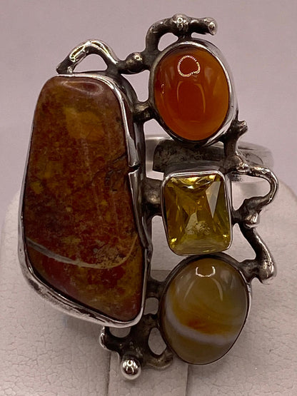 Anillo Artístico de Plata Ley 925 con Jaspe, Cornalina, Ágata Miel y Zirconia Champagne, sello de autenticidad Plata Ley .925
