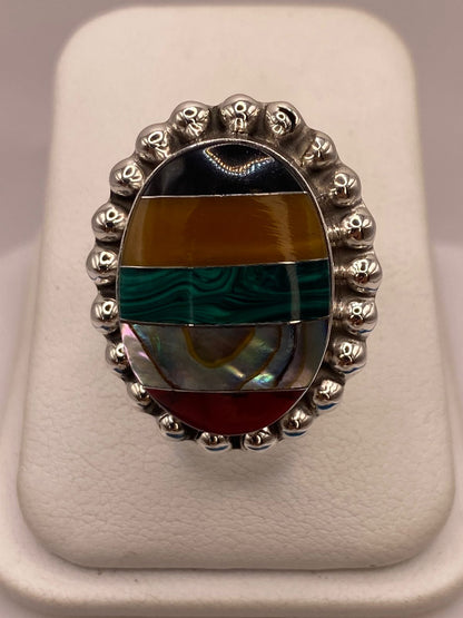 Anillo Artístico de Plata Ley 925 con Mosaico de Piedras Naturales — vista lateral
