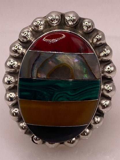 Anillo Artístico de Plata Ley 925 con Mosaico de Piedras Naturales, sello de autenticidad Plata Ley .925