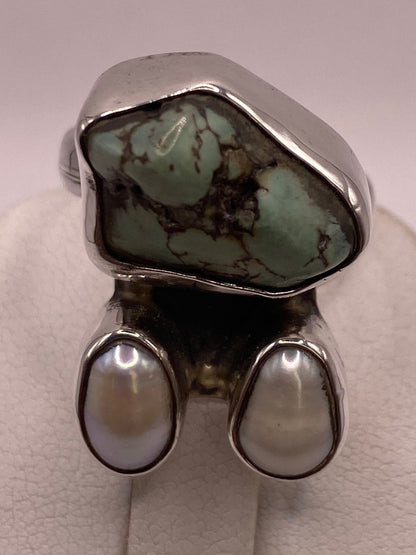 Anillo Artístico de Plata Ley 925 con Turquesa y Perlas, sello de autenticidad Plata Ley .925