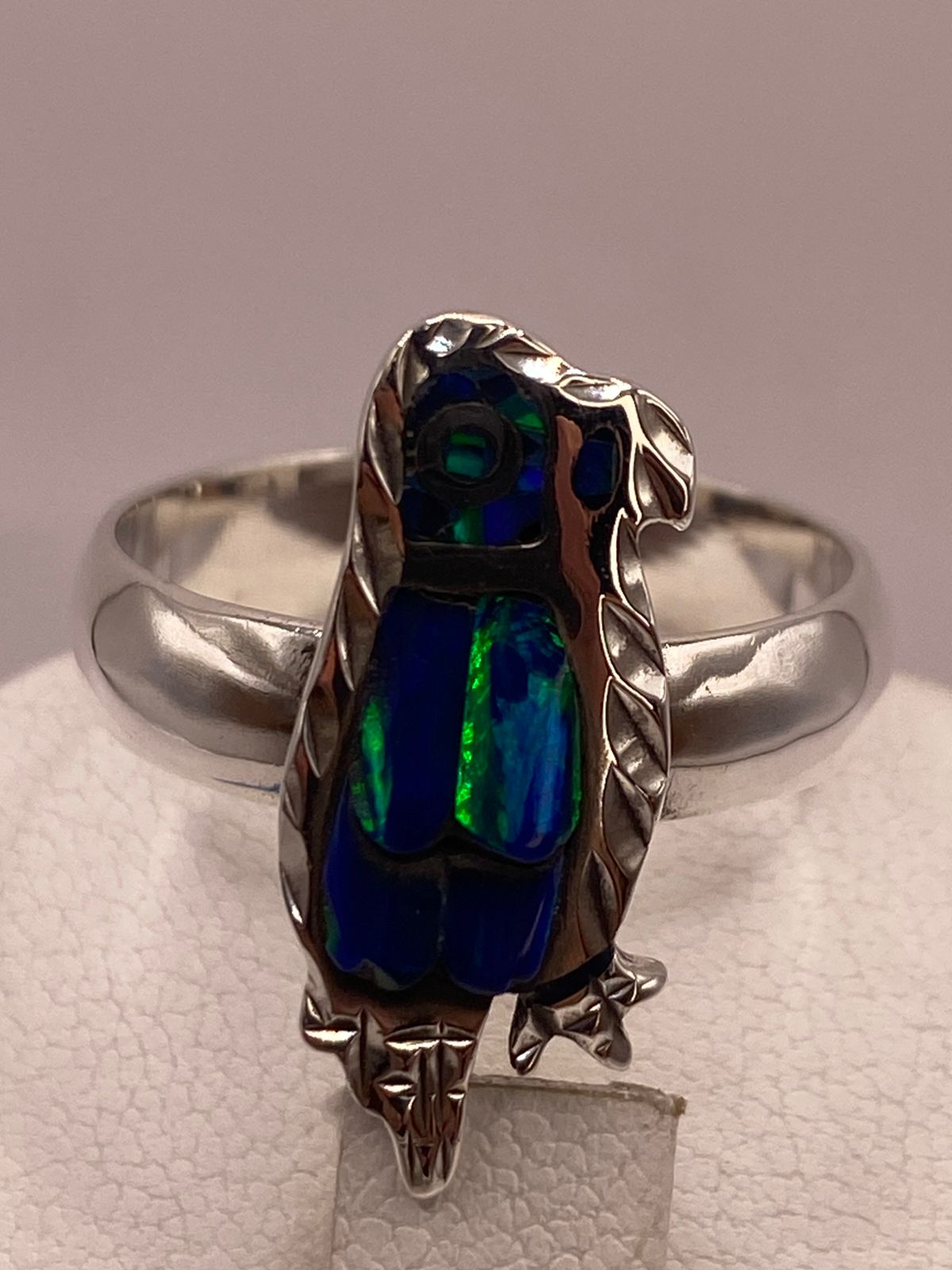 Anillo de Ave de Plata Ley 950 con Ópalo Azul Verde, sello de autenticidad Plata Ley .925