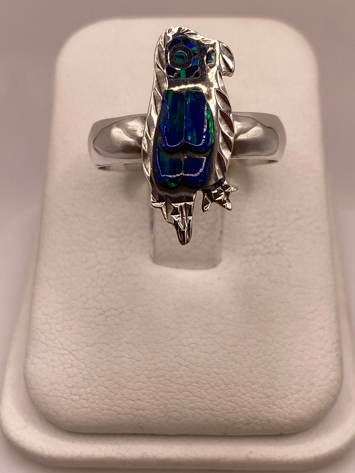Anillo de Ave de Plata Ley 950 con Ópalo Azul Verde — ángulo diagonal