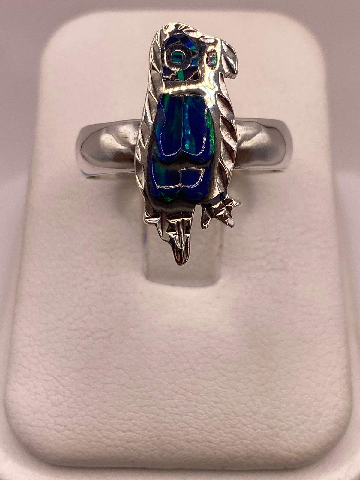 Anillo de Ave de Plata Ley 950 con Ópalo Azul Verde, vista frontal