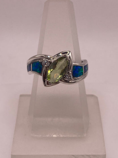 Anillo Bypass Ópalo Azul & Zirconia Peridoto Plata 925, vista lateral