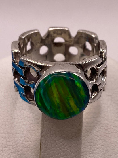 Anillo Calado con Ópalo Azul y Verde Ovalado en Plata Ley 950, vista superior