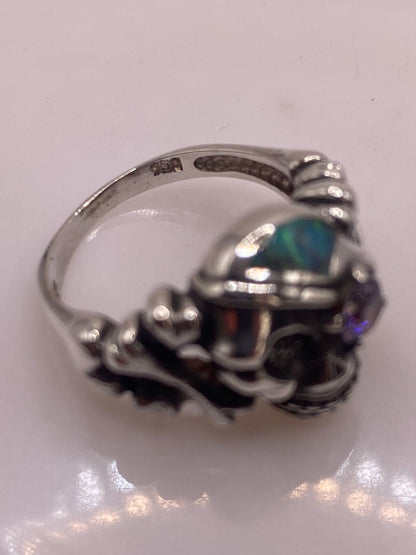 Anillo Calavera Ópalo Verde & Zirconia Amatista Plata 950, sello de autenticidad Plata Ley .925