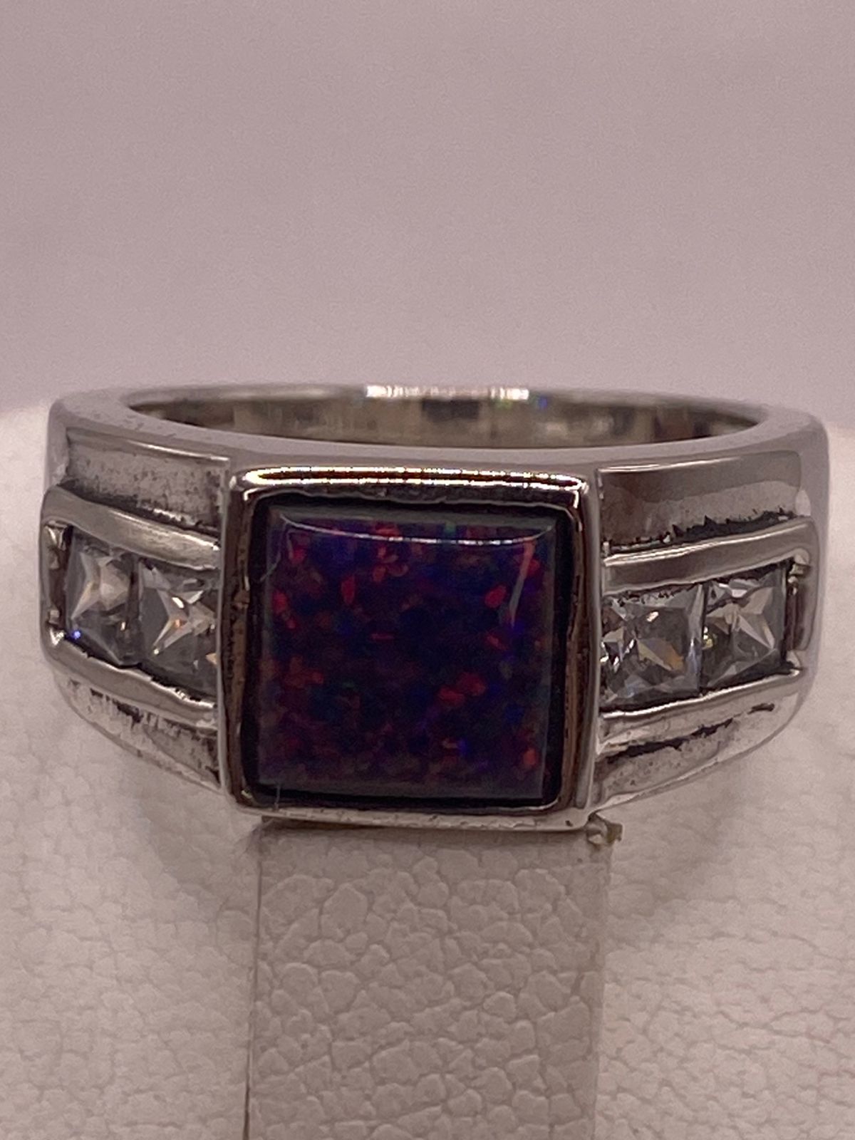 Anillo Clásico Ópalo Violeta-rosa & Zirconias Diamante Plata 925, sello de autenticidad Plata Ley .925