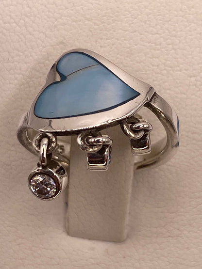 Anillo Corazón Artesanal de Plata Ley 925 con Nácar Azul, sello de autenticidad Plata Ley .925