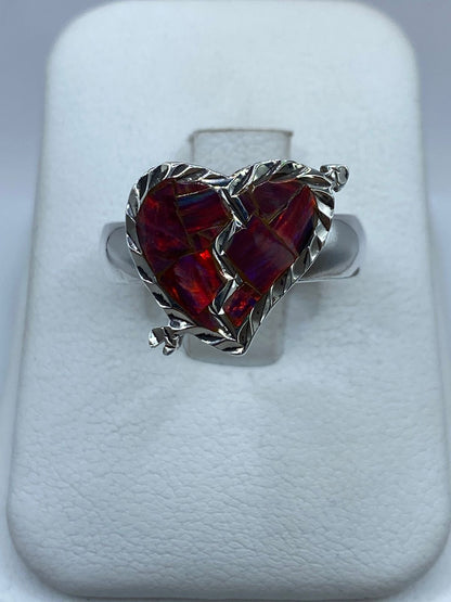 Anillo Corazón Partido de Plata Ley 925 con Ópalo de Fuego, vista frontal