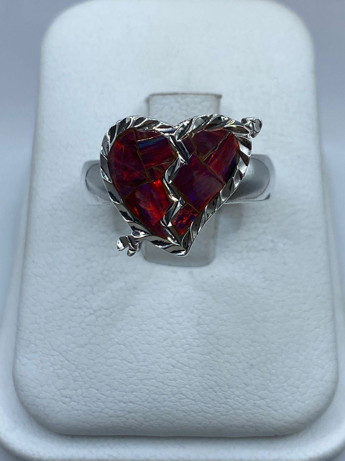 Anillo Corazón Partido de Plata Ley 925 con Ópalo de Fuego, vista superior