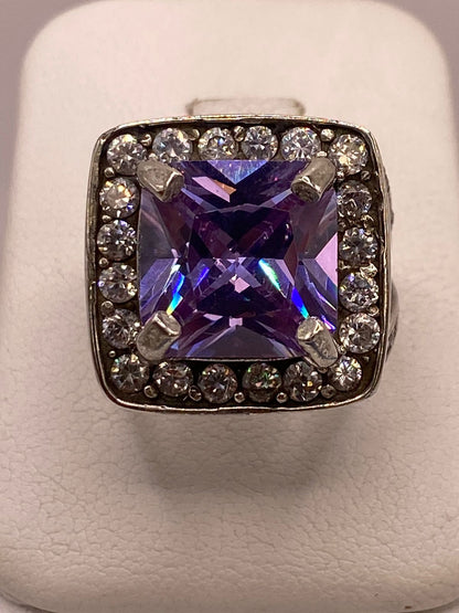 Anillo de Plata 925 Zirconia Morada Halo — Solitario Artesanal Taxco, vista frontal