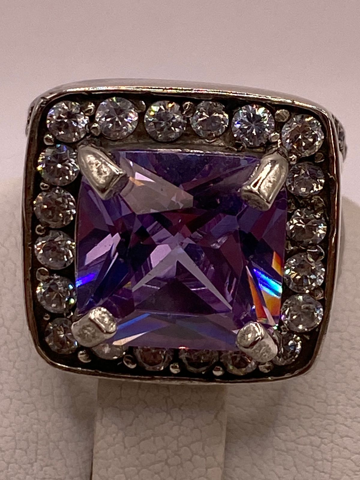 Anillo de Plata 925 Zirconia Morada Halo — Solitario Artesanal Taxco, sello de autenticidad Plata Ley .925